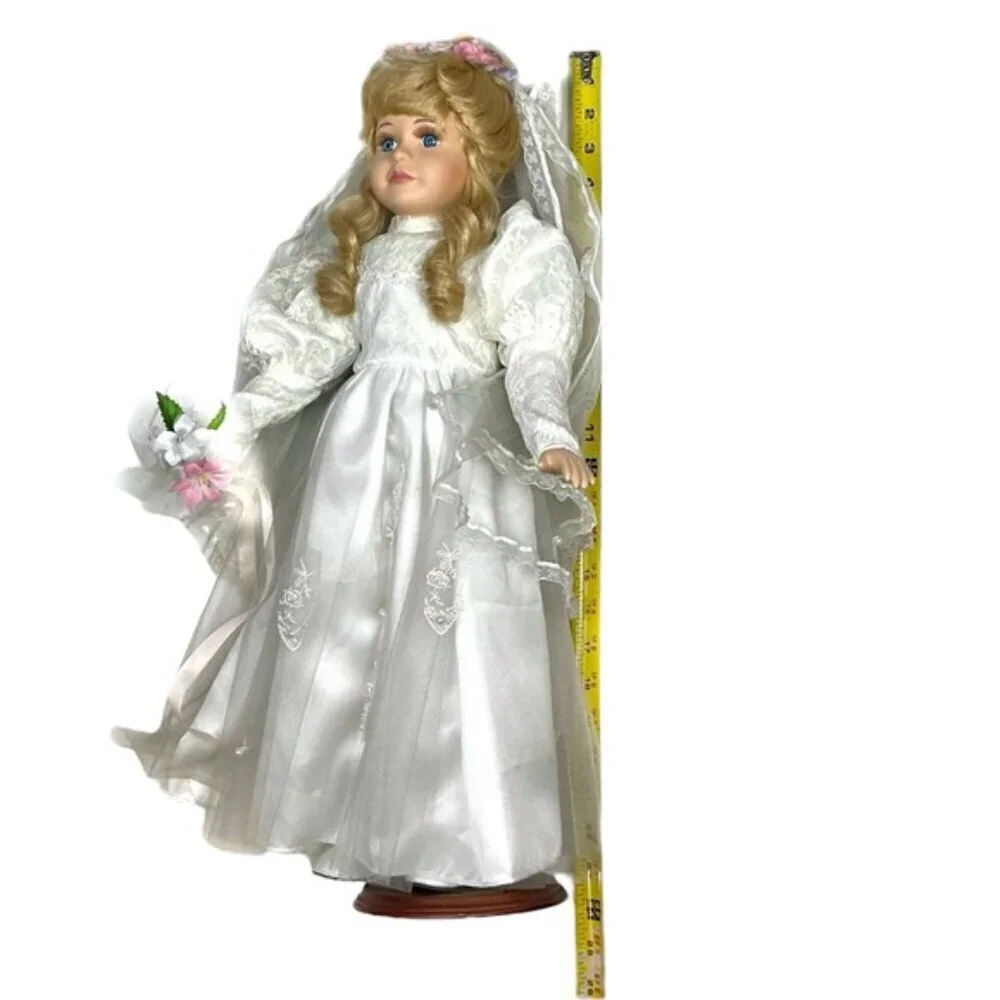 Vintage Porcelain Bride Doll Victorian Wedding Gown Blond Hair Bridal Doll 23 in